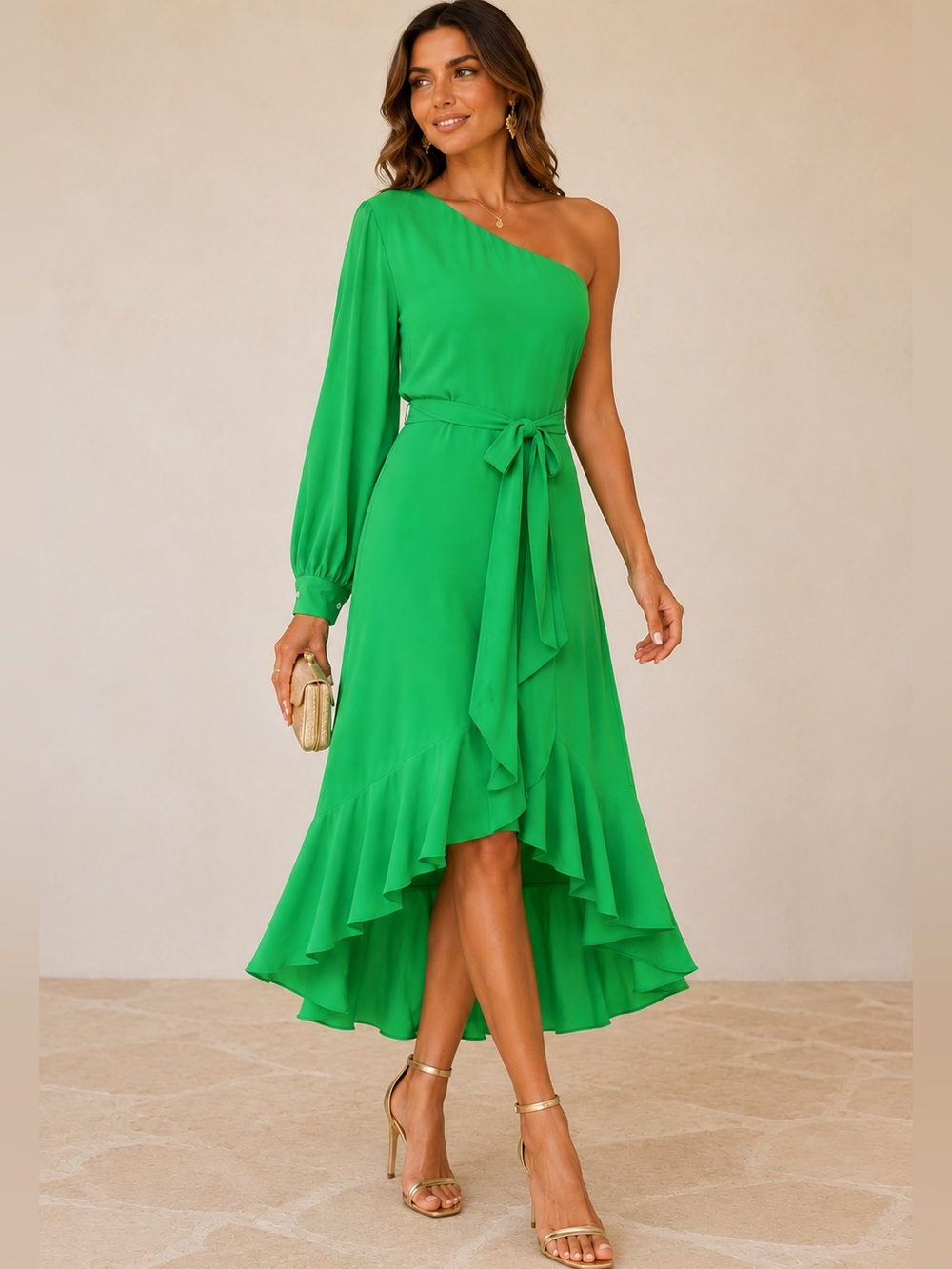 Belle Badgley Mischka One Shoulder Ruffle Hem Midi Dress Bright Green Size 14